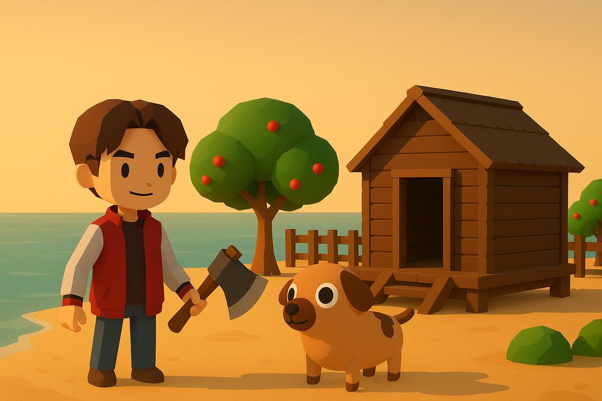 Escena de Cozy Adventure: una isla soleada de bajo poligonaje con un personaje, un perro, una cabaña de madera y un manzano.