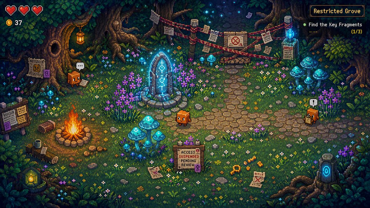 Key art de Free Fable 5: un bosque nocturno en pixel art con una hoguera, un portal mágico y un pequeño personaje, estilo Zelda clásico.