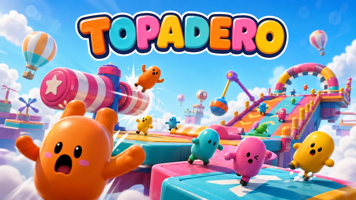 Key art de Topadero: personajes cápsula de colores recorriendo un circuito de obstáculos estilo Fall Guys bajo un cielo azul.