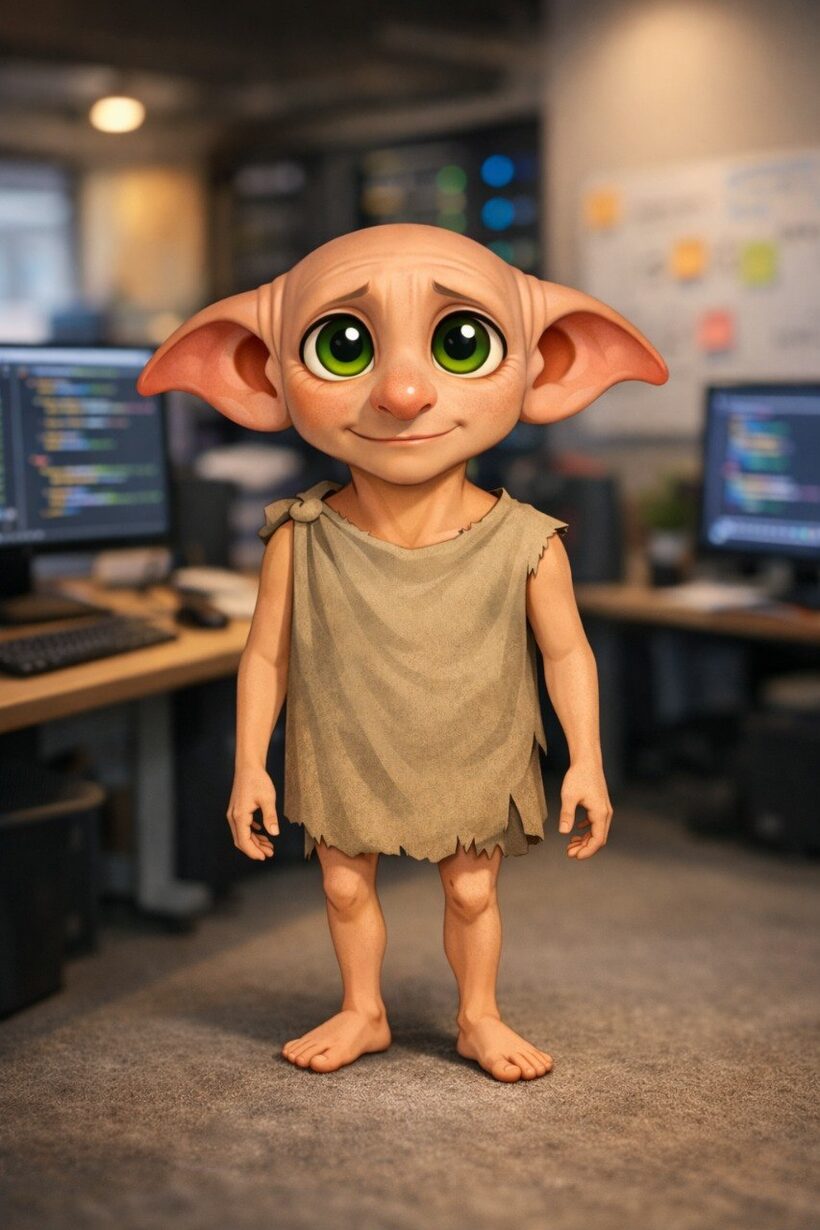 Dobby, un elfo doméstico de orejas grandes y túnica de saco, en una oficina llena de monitores con código.