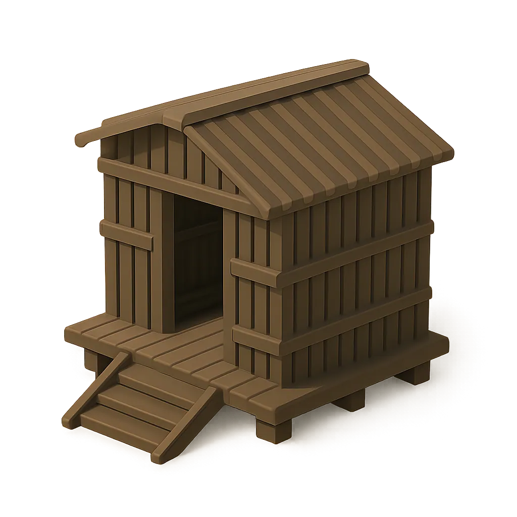 Una cabaña de madera construida con muros, suelo y rampa