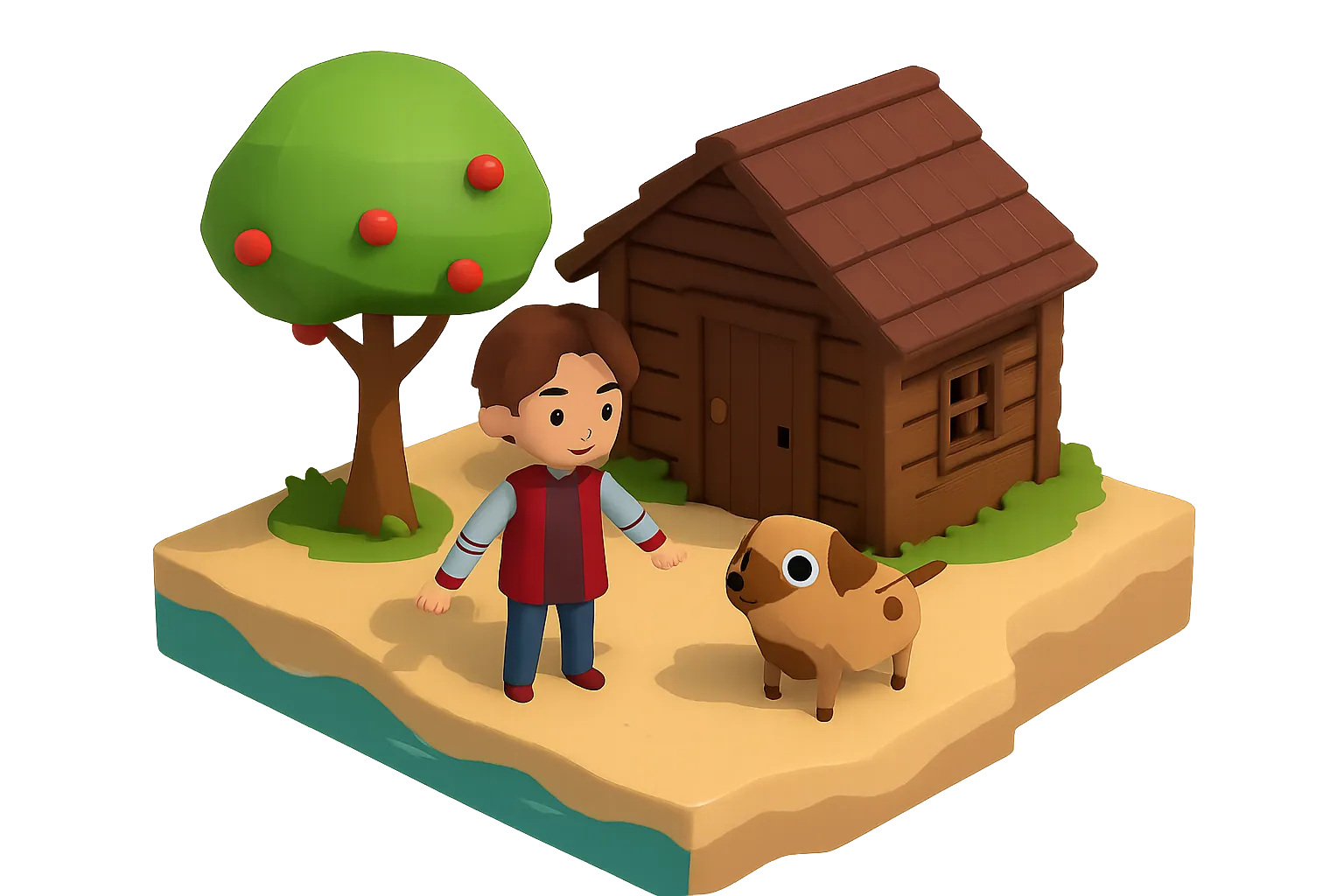 Una pequeña isla tropical con su cabaña, árboles y mar, vista en diorama